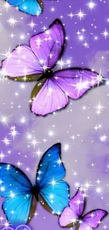 Purple and blue butterflies with sparkles and 'love' text on a starry background.