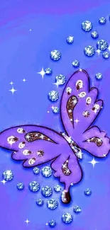 Purple butterfly with gems on blue background wallpaper.