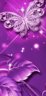 Intricate purple butterfly and flowers wallpaper with sparkles.