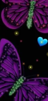 Purple butterflies with colorful accents on black background.