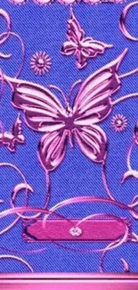 Purple butterfly wallpaper with pink accents and floral design.