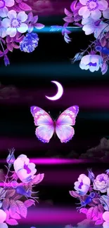 Purple butterfly and moon wallpaper with floral design.