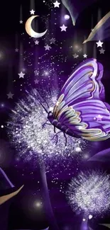 Purple butterfly in a fantasy night scene with glowing dandelion.