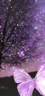 Purple butterflies float in a starry night sky with a silhouetted tree.