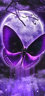 Purple butterfly under moonlight with starry sky.