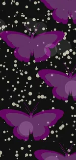 Mobile wallpaper with purple butterflies on a black background, scattered with dots.