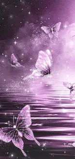 Purple butterflies over water with a night sky backdrop.