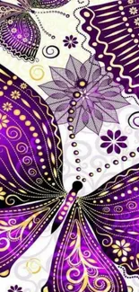 Purple butterfly and floral patterned wallpaper.