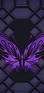 Intricate purple butterfly on geometric background wallpaper.