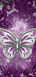 Purple butterfly and rose mobile wallpaper