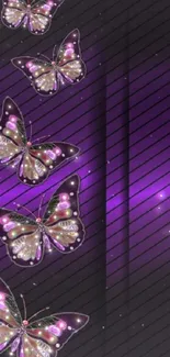 Purple butterflies on a dark striped background wallpaper.