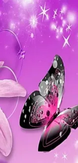 Purple butterfly wallpaper with floral and starry elements.