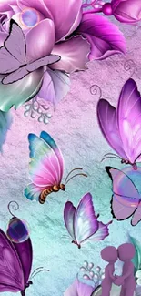 Purple butterflies and roses fantasy wallpaper with dreamy aesthetic.