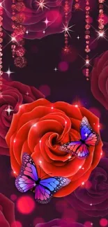 Purple butterflies and red roses wallpaper with sparkling details.