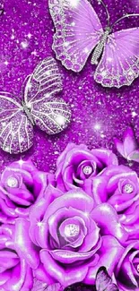 Purple glitter wallpaper with roses and butterflies.