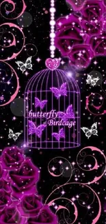 Purple butterfly birdcage with roses and stars wallpaper.