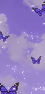 Purple sky with butterflies and sparkles creating a dreamy atmosphere.