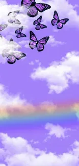 Purple butterflies flutter in a cloudy sky with a rainbow.