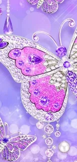 Purple butterfly wallpaper with sparkling gemstones on a lilac background.