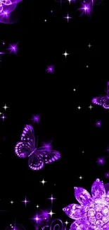 Purple butterfly and floral sparkle wallpaper with glowing stars.