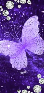 Purple butterfly with sparkling crystals on a cosmic background.