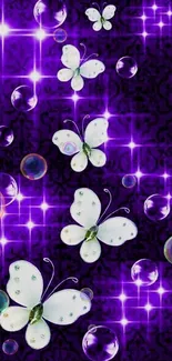 Purple butterfly wallpaper with sparkles and bubbles.