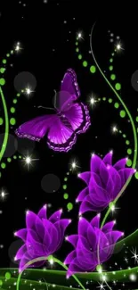 Purple butterfly with glowing flowers and vines on a dark background.