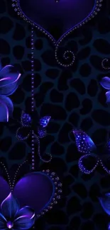 Purple butterflies and flowers on dark background wallpaper.