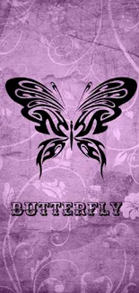 Purple wallpaper with black butterfly design and floral patterns.