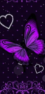 Purple butterfly wallpaper with hearts and intricate designs.