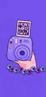 Purple wallpaper with a floral camera design and vibrant colors.