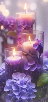 Purple candles with hydrangeas create a relaxing ambiance.