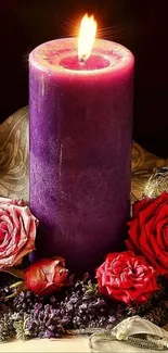 Purple candle with red roses mobile wallpaper.