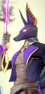 Anime-style canine warrior with sword in vibrant purple hues.