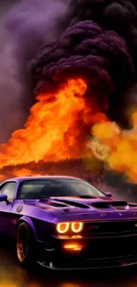 Purple car with a fiery background scene, featuring dramatic smoke and fire.