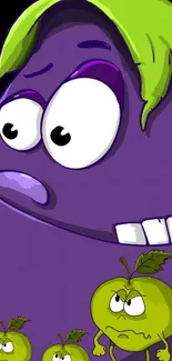 Purple cartoon character with green apples on a playful wallpaper.