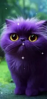 Adorable purple cat in a magical forest wallpaper.