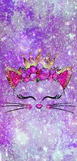 Purple cat with glittery crown and floral design.