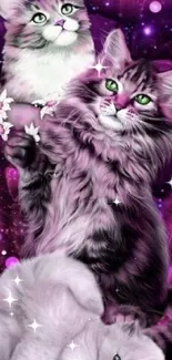 Three playful cats on a purple fantasy-themed mobile wallpaper.