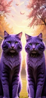 Two purple cats in a magical sunset landscape with trees and a warm glow.