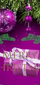 Purple Christmas wallpaper with decorations and gift box.