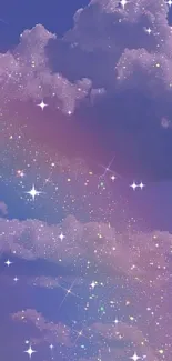 Purple clouds with glitter and stars on a dreamy mobile wallpaper.