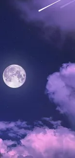 Purple clouds in a starry night sky with a full moon.