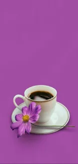 Minimalist purple wallpaper with coffee cup and flower.