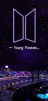 Purple galaxy concert wallpaper with 'Young Forever' theme.