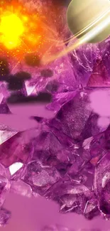 Vibrant purple crystals and a planet glowing in a cosmic fantasy scene.