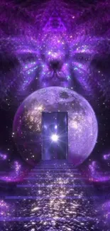 Mystical purple cosmic doorway with glowing ethereal design and space theme.