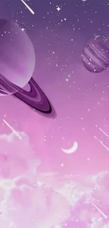 Purple space wallpaper with planets and stars, perfect for mobile screens.