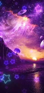 Purple cosmic wallpaper with stars, planets, and a glowing cliff house.