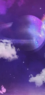 Purple cosmic wallpaper with planets, clouds, and butterflies.